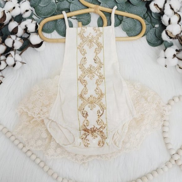 Boho Gold Romper Lace Fall Thanksgiving Girl Outfit Clothes Christmas New Year - Picture 1 of 9